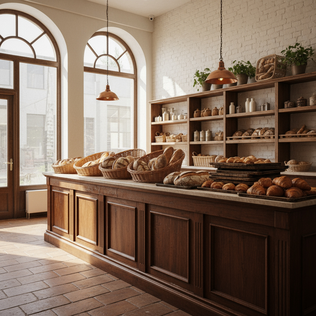 Interior de panadería artesana con barra y panes
