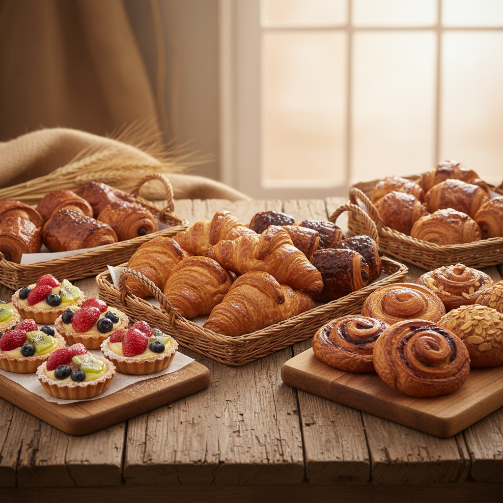 Bandeja con croissants y pastelería fresca